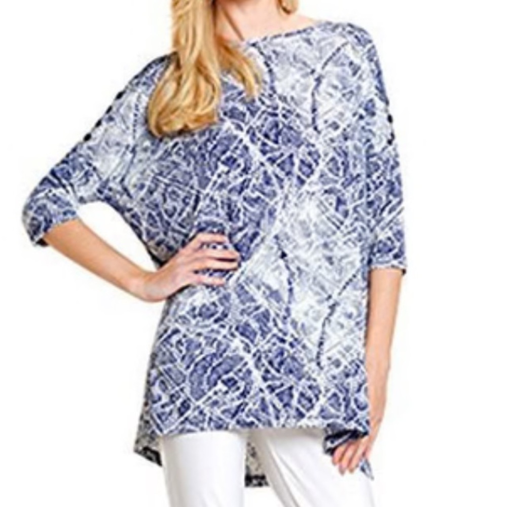 Clara Sun Woo Abstract Navy White Asymmetrical Hem Lagenlook Tunic Size L
